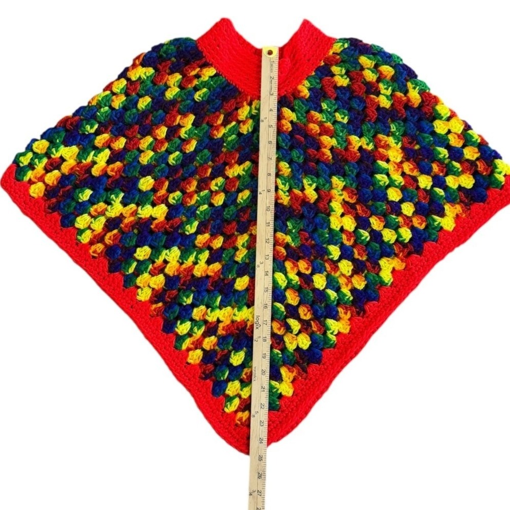 Vintage 70s Crochet Poncho Kids Rainbow Chunky Knit Boho Handmade Cape - Picture 9 of 10